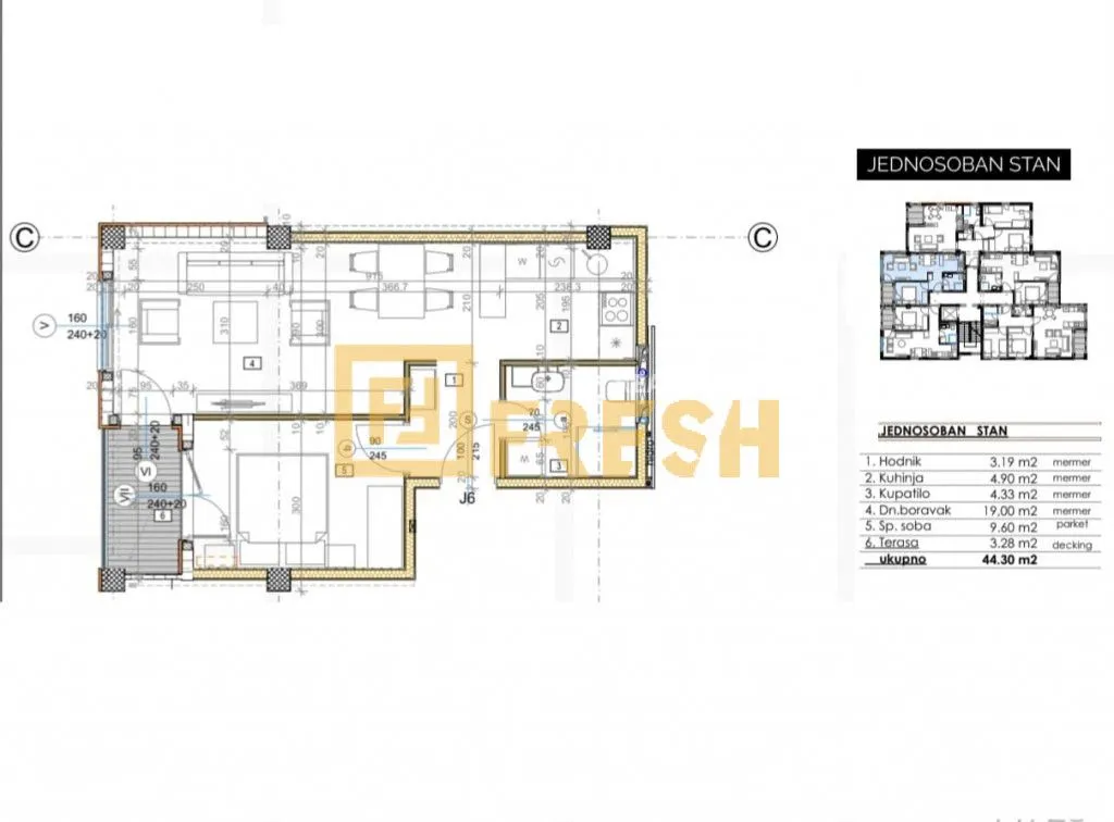 Sale, one bedroom apartment, 44m², Centar, Podgorica