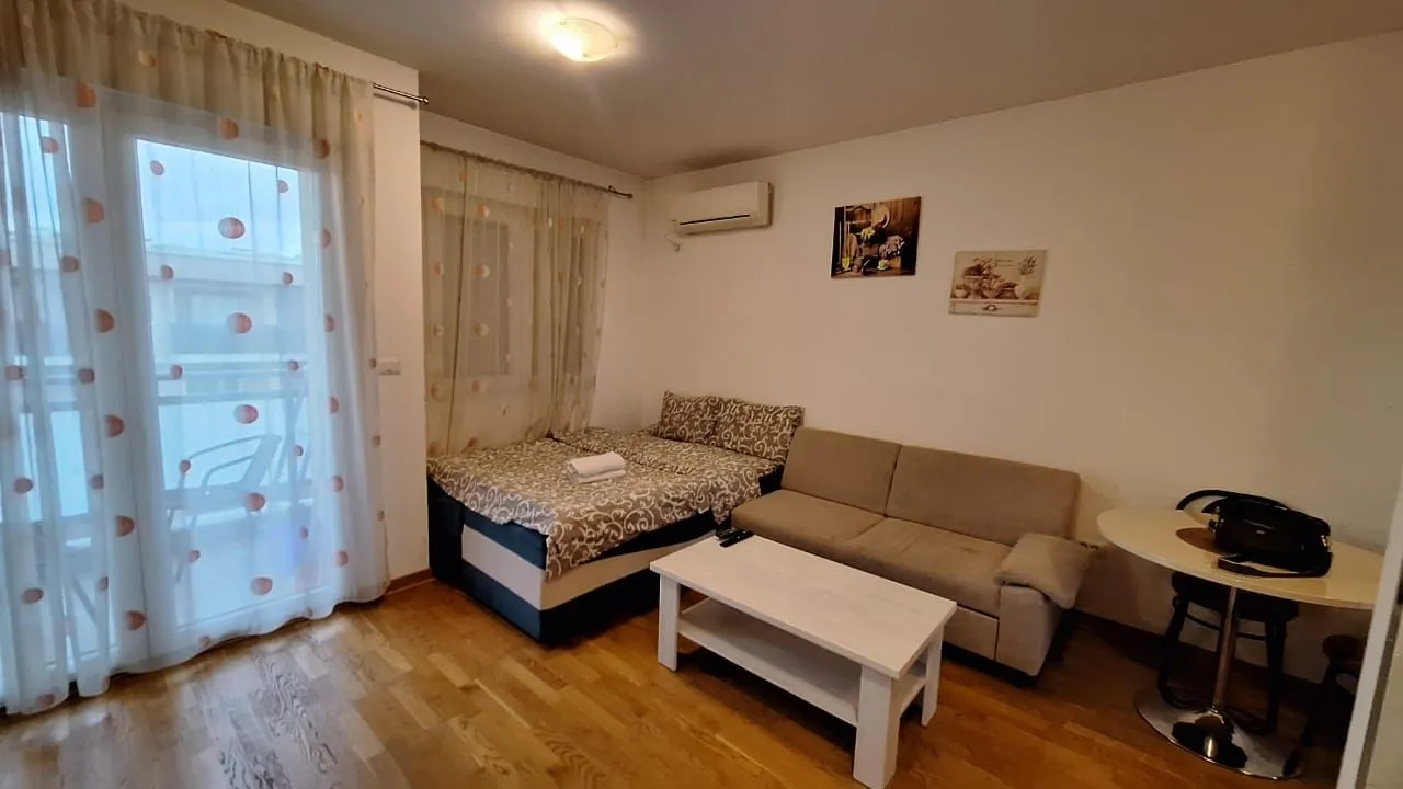Living room with a bed, sofa, coffee table and access to the terrace.