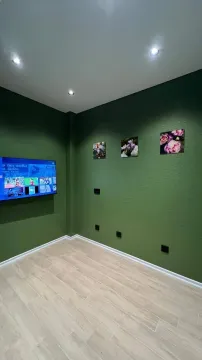 Dnevna soba sa zelenim zidovima, parketom i televizorom. - image 3