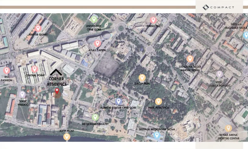 Mapa lokacije sa označenim važnim objektima i objektom Corner Residence u gradu.