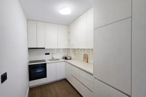 Modern white kitchen with built-in appliances and wooden flooring. - image 8