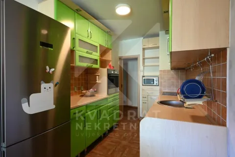 Kitchen with green cabinets and a refrigerator on the right. - image 6