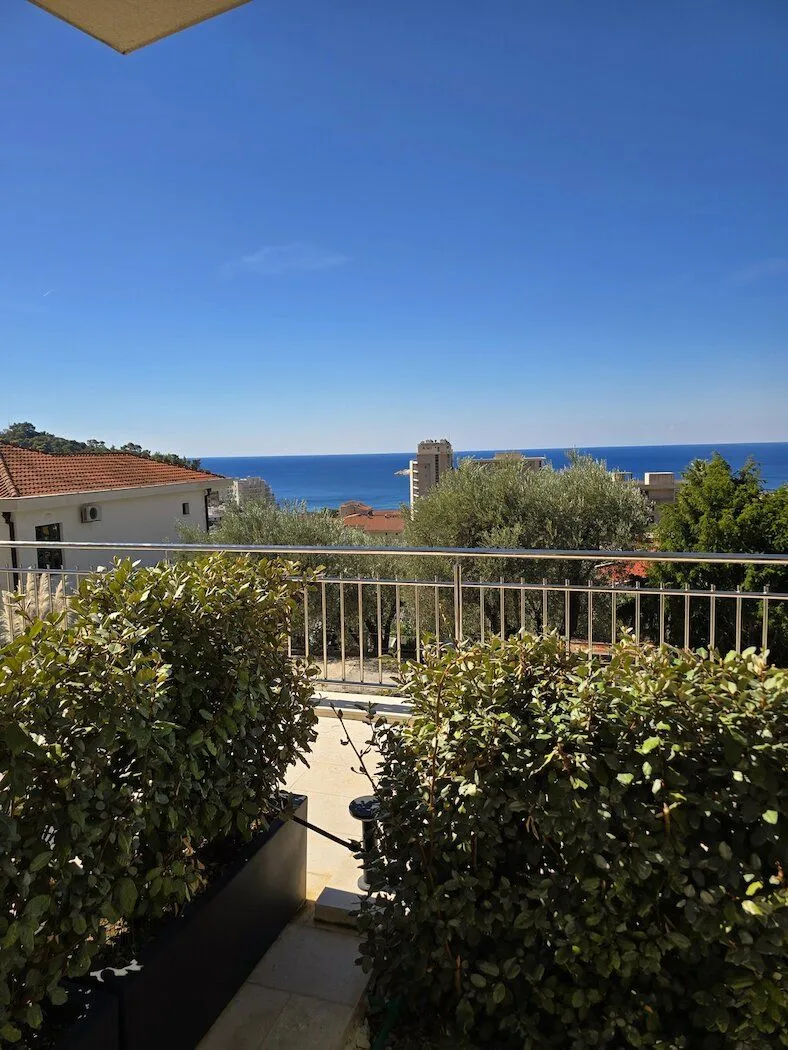 Terrace with a view of the sea and greenery.