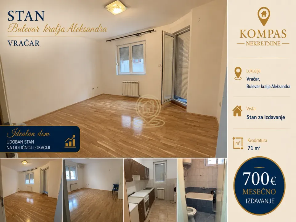 Izdavanje, trosoban stan, 71m², Vračar Sve Podlokacije, Beograd