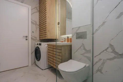 Modern bathroom with a walk-in shower, washbasin, toilet, and washing machine. - image 12