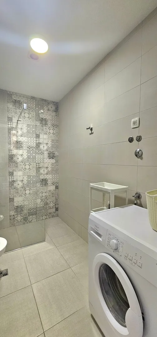 Modernly equipped bathroom with a walk-in shower and washing machine.
