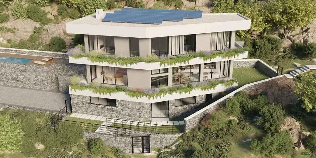 3D render moderne vile na tri nivoa sa solarnim panelima.