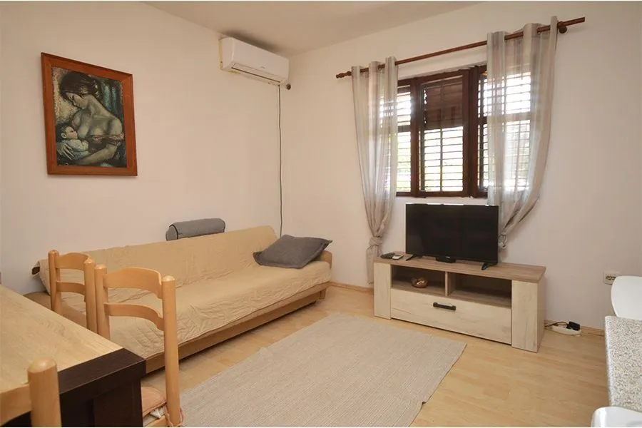 Living room with a sofa, TV, and dining table.