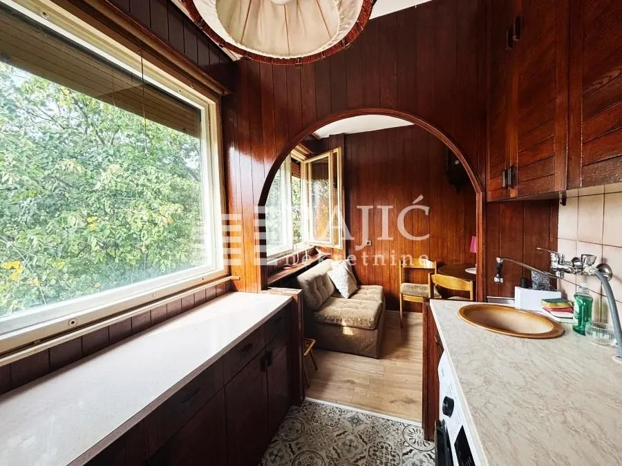 Wood-paneled kitchen and dining area with a view of the living room through an arched doorway.