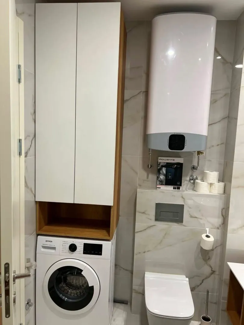Modern bathroom with a washing machine and built-in fixtures.