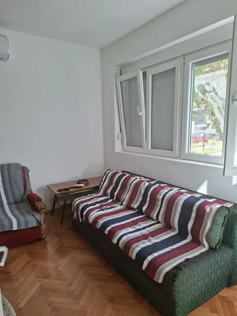 Bright living room with a sofa, armchair, and parquet flooring.