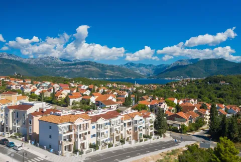 Pogled iz vazduha na stambeni kompleks sa planinama u pozadini. - image 13