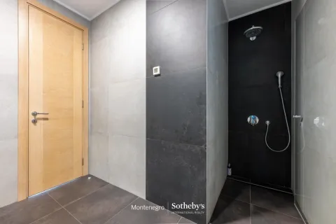 Savremeno opremljeno kupatilo sa tuš kabinom i drvenim vratima. - image 35