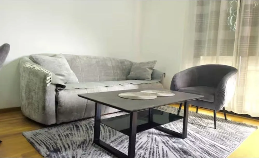 Living room with a grey sofa, armchair, and coffee table.