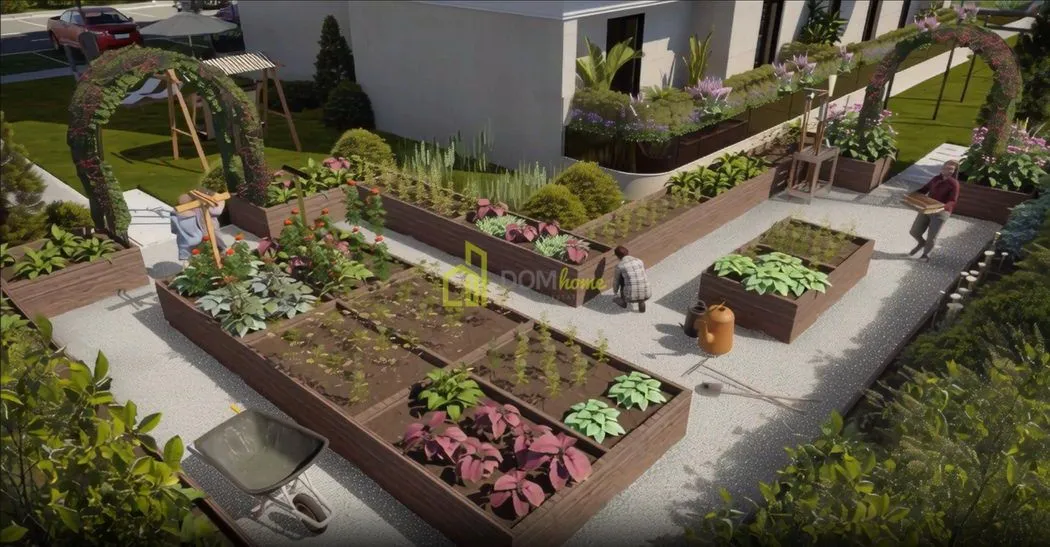 View of a landscaped yard with wooden garden beds and greenery.