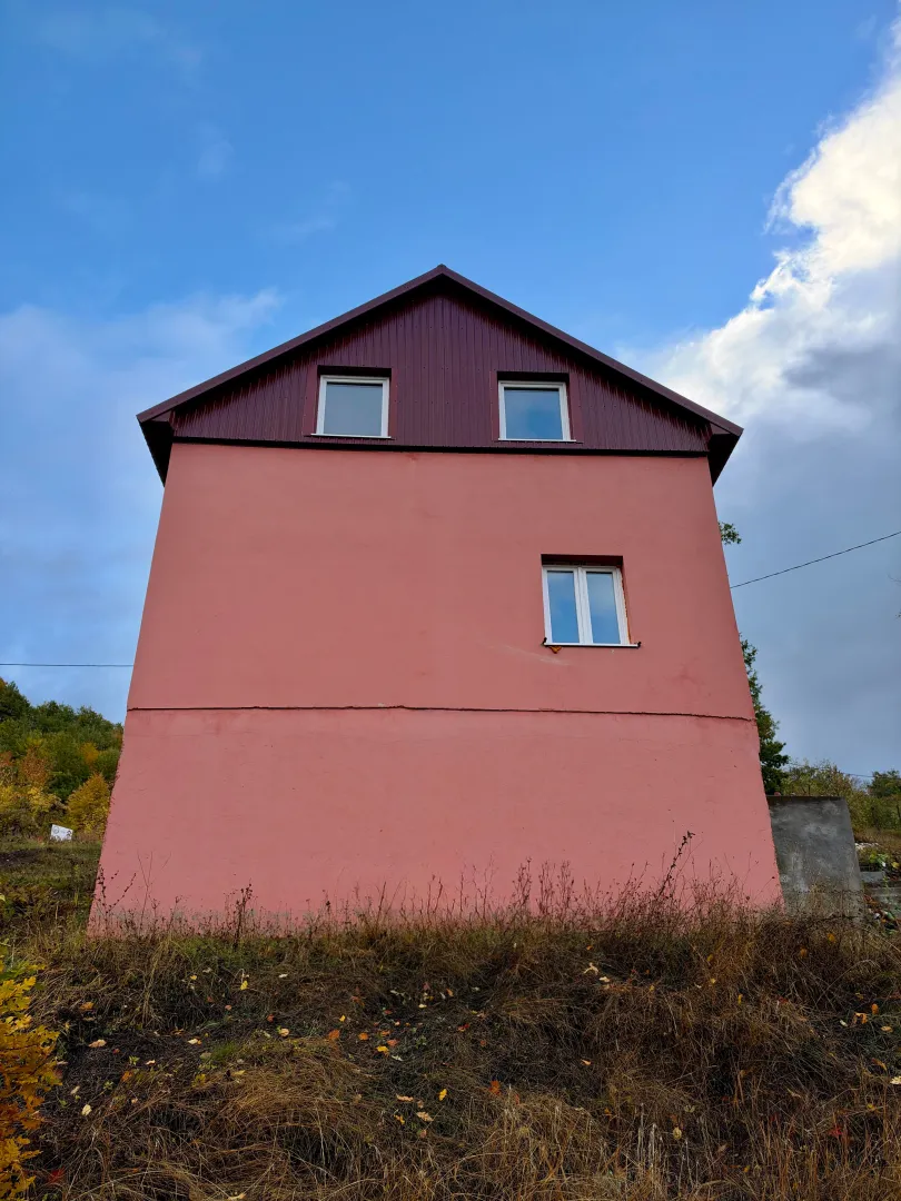 Pogled na spoljašnjost kuće roze boje sa tamnim krovom.