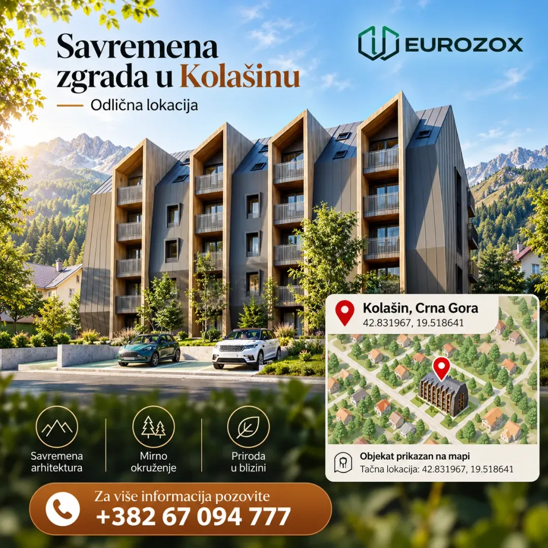 Eksterijer moderno dizajnirane zgrade sa planinskim okruženjem.