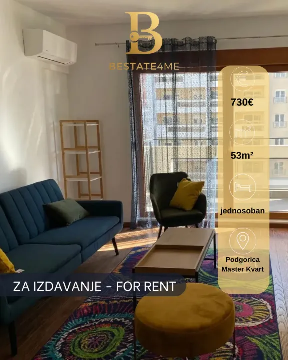 Rent, one bedroom apartment, 53m², Master Kvart, Podgorica