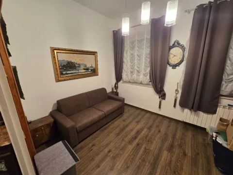 Dnevna soba sa braon trosjedom, drvenim podom i slikom na zidu. - image 5