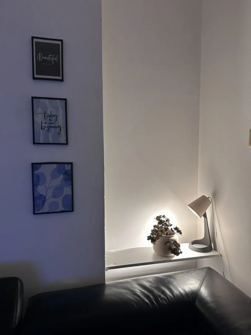 Interior detail showing decorative pictures, a lamp, and a plant on a shelf above a sofa.