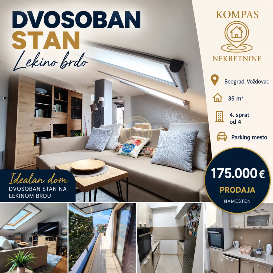 Dnevna soba sa garniturom i drvenim nameštajem u potkrovlju.