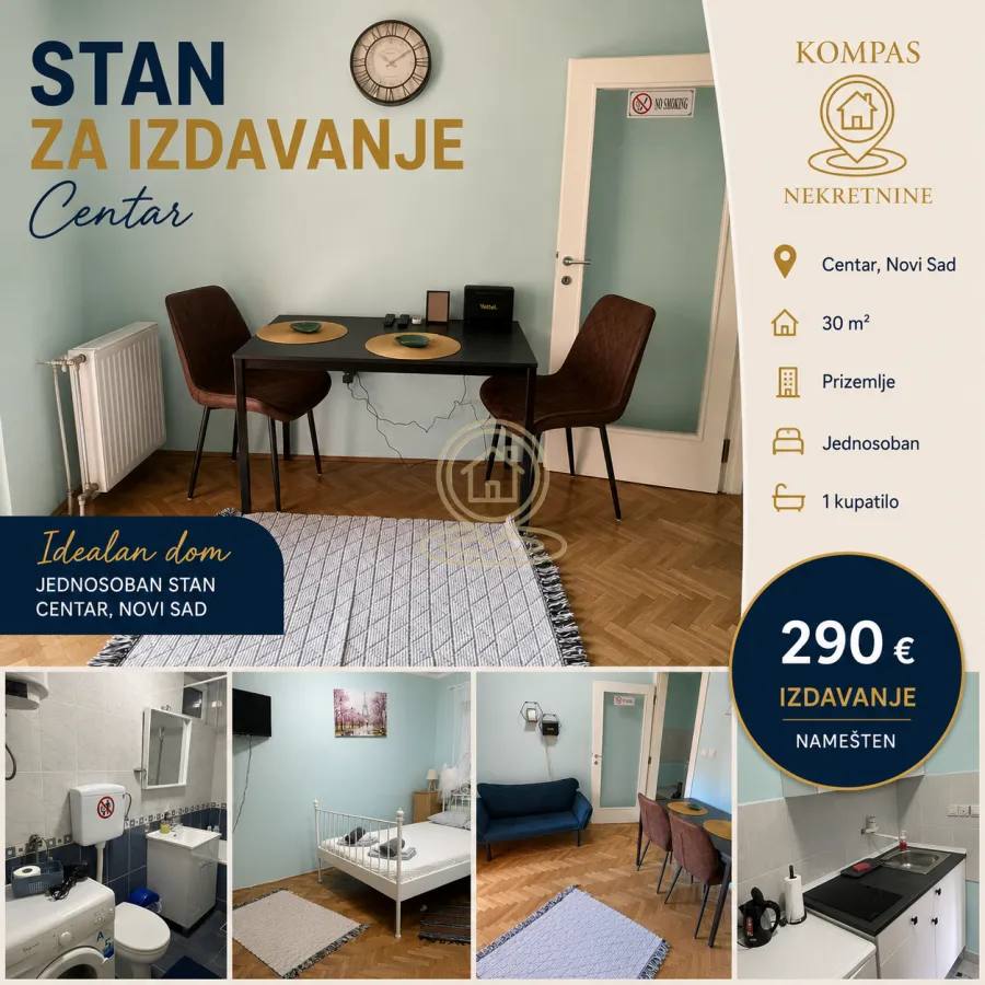 Izdavanje, jednosoban stan, 30m², Centar, Novi Sad