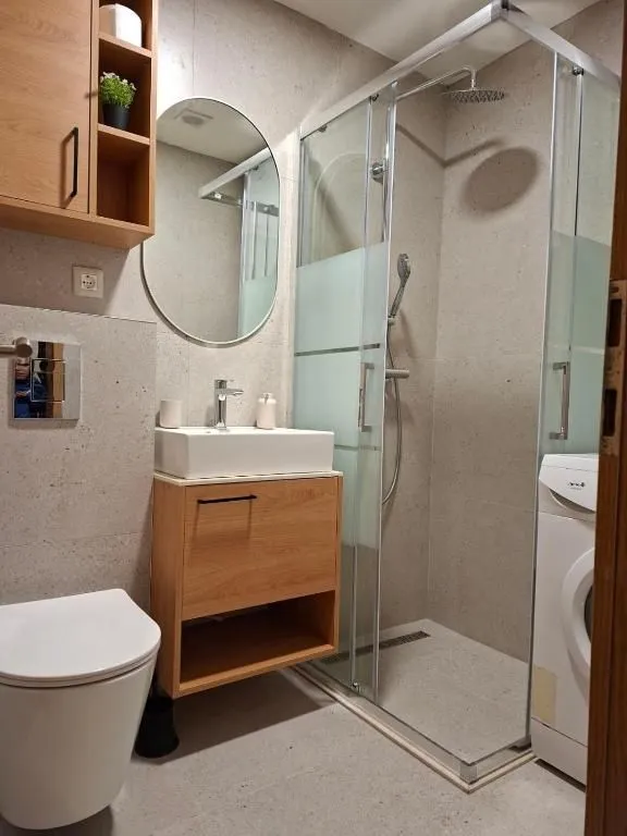 Modern bathroom with a shower cabin and sink.