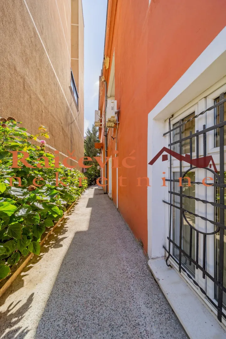 Pathway between buildings with an orange rendered facade and landscaped greenery.