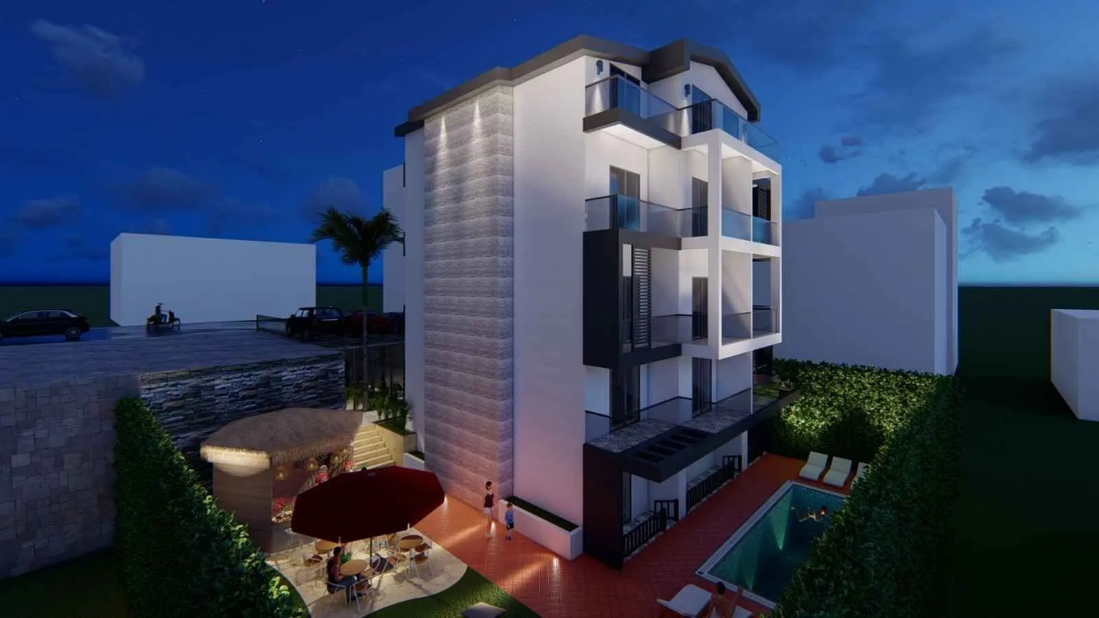 3D render moderne stambene zgrade sa dvorištem i bazenom.