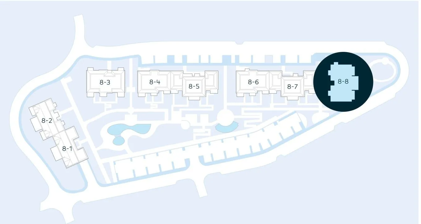 Site plan layout of the residential complex highlighting a specific building.