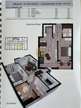 Osnova stana sa 3D prikazom i tabelom površina prostorija. - image 10