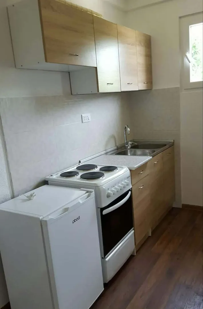 Manja kuhinja sa drvenim elementima, štednjakom i frižiderom.