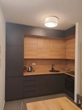 Modern dark-toned kitchen with wooden elements. - image 6