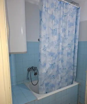 Bathroom with a bathtub and blue tiles. - image 13