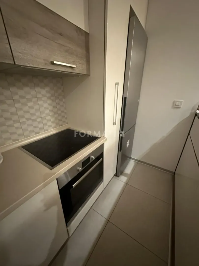 Compact kitchen with a built-in cooktop, oven, and refrigerator.