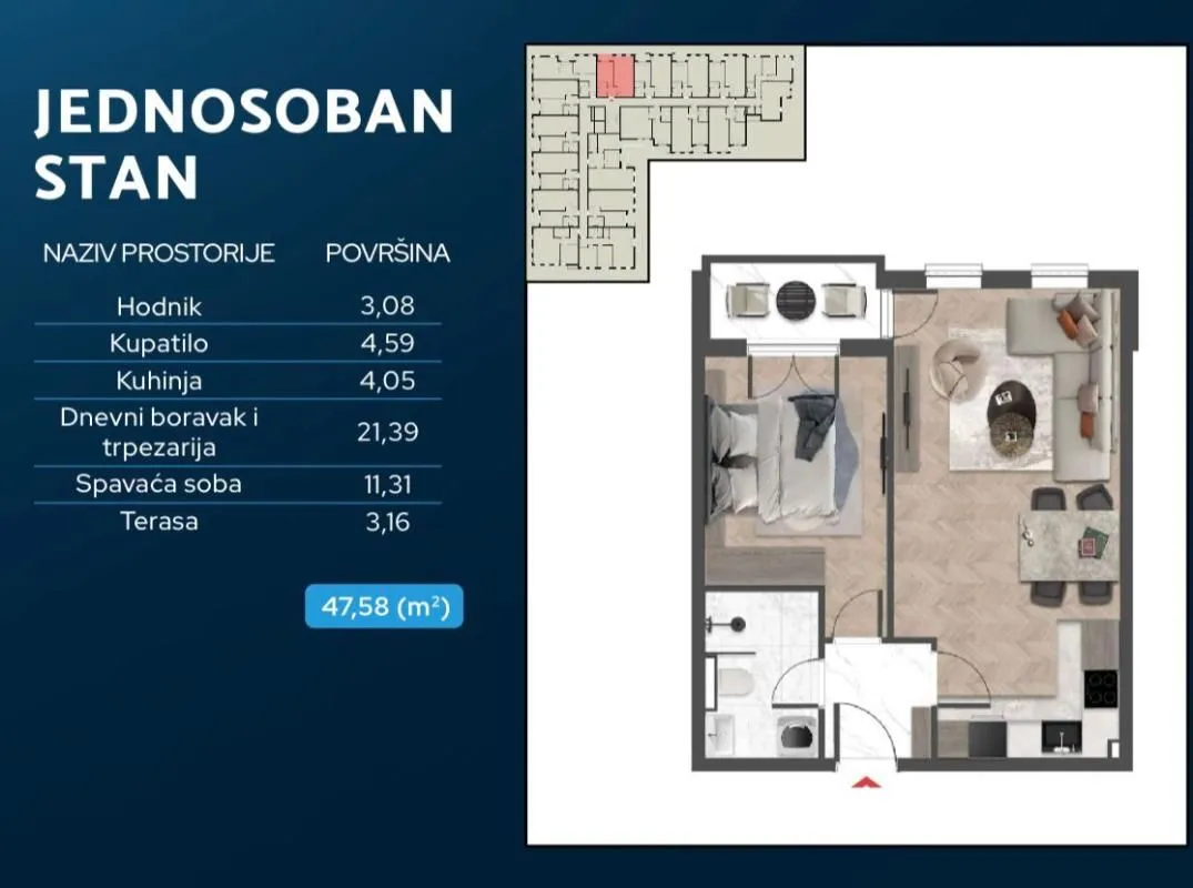 Sale, one bedroom apartment, 48m², Čeluga, Bar
