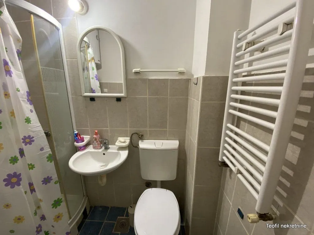 Manje kupatilo sa tuš kabinom, umivaonikom, ogledalom i toaletom.