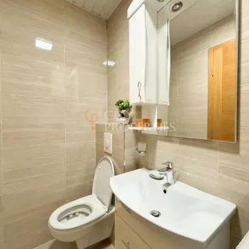 Kompaktno opremljeno kupatilo sa umivaonikom, WC šoljom i ogledalom sa ormarićem. - image 5