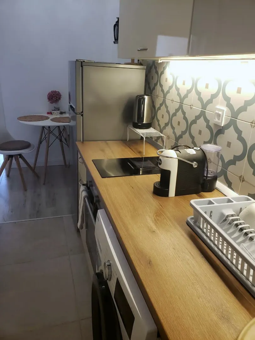 Manja kuhinja sa drvenom radnom pločom i ugrađenim kućnim aparatima.
