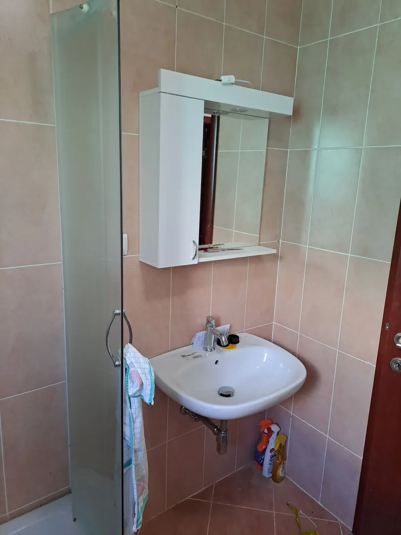 Manje kupatilo sa umivaonikom, ogledalom i tuš kabinom.