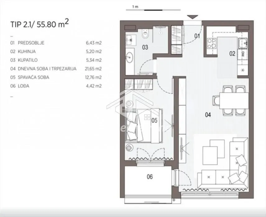 Floor plan of the apartment with an area of 55.80 square meters showing the room layout.