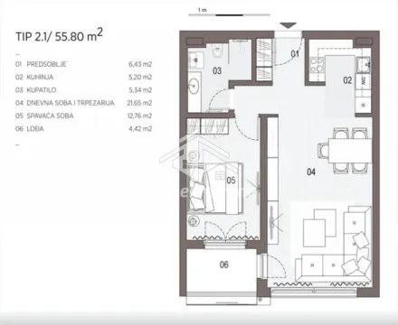 Floor plan of the apartment with an area of 55.80 square meters showing the room layout. - image 10