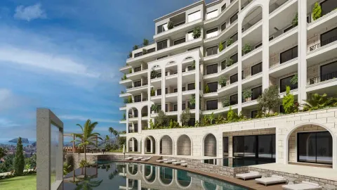 Pogled na spoljašnjost moderne stambene zgrade sa bazenom i terasama. - image 5
