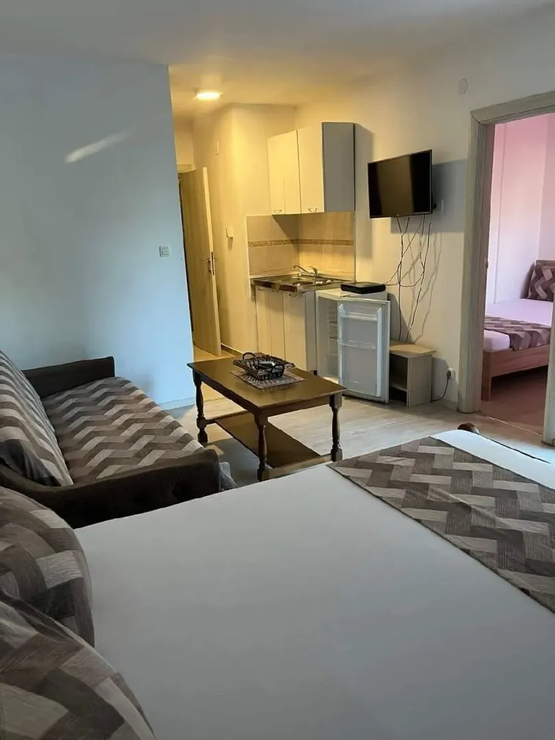 Living room with a sofa, kitchen, and a view of the bedroom.