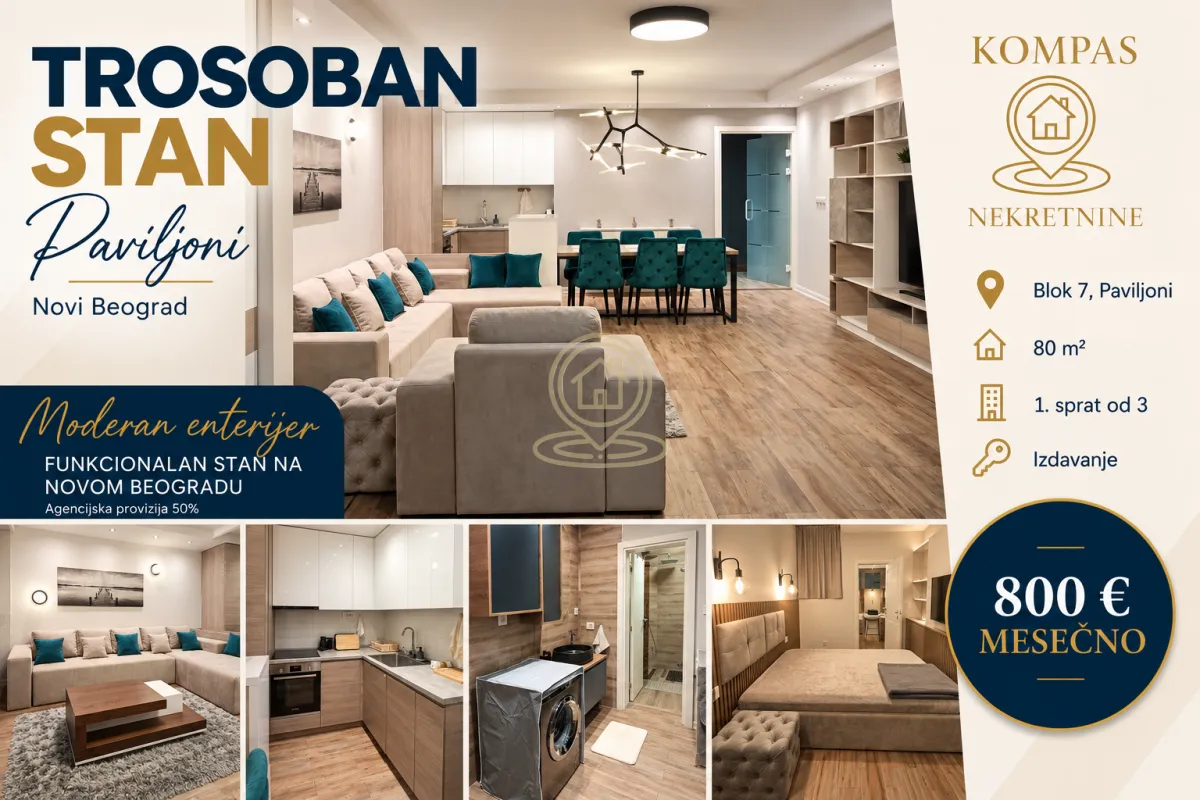 A collage of photos showing a modern three-room apartment with a living room, kitchen, bathroom, and bedroom.