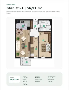 Floor plan of the apartment with an area of 56.91 square meters showing room layout. - image 2