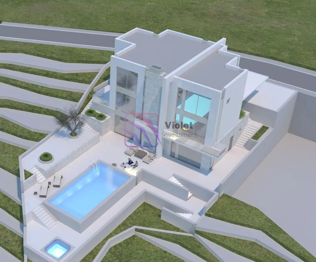 3D prikaz moderne kuće sa bazenom i uređenim dvorištem.