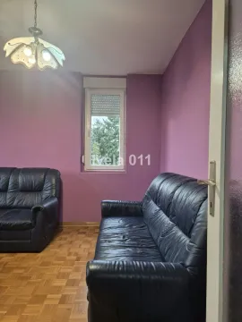Living room with purple walls and leather sofas. - image 17