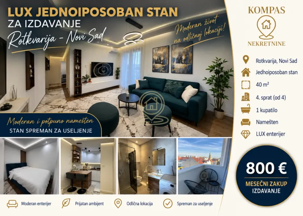 Rent, one bedroom apartment, 40m², Rotkvarija, Novi Sad Sve Podlokacije