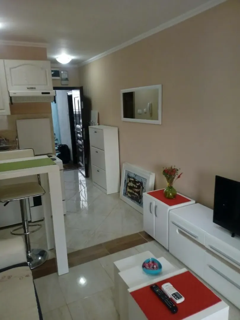 Dnevni boravak sa šankom i pogledom prema hodniku.